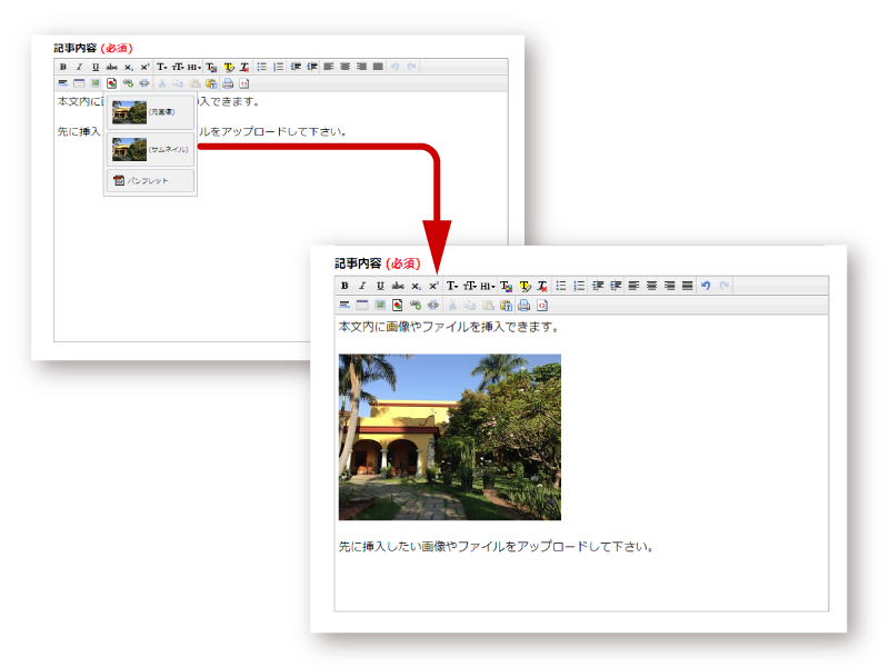画像やファイルの本文内への挿入機能