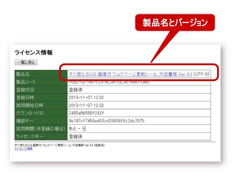 「すぐ使えるCGI」製品の使用中製品のバージョンの調べ方